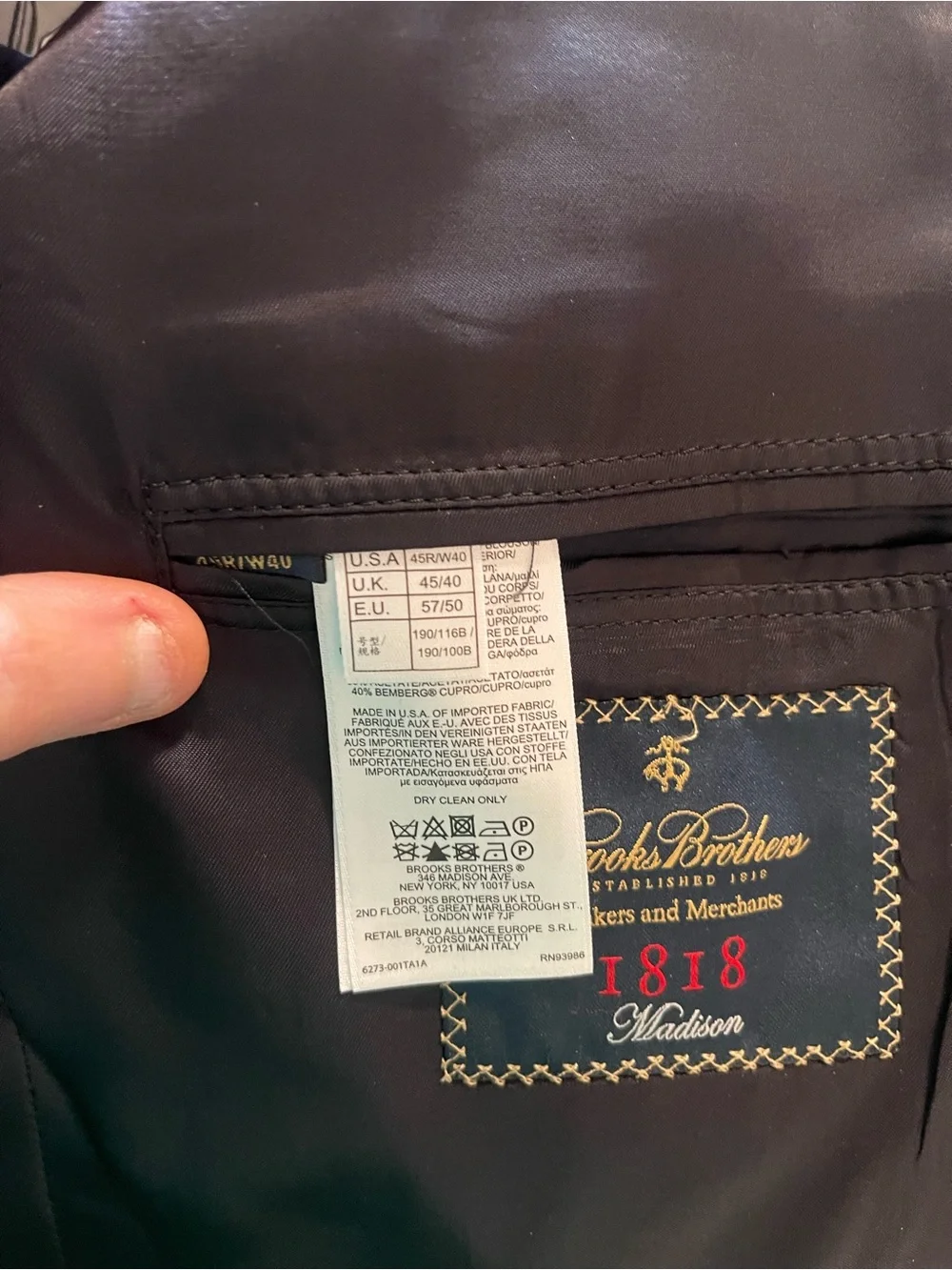 Brooks Brothers Madison Estrato  Wool Herringbone 1818 Black Suit Jacket 45R USA